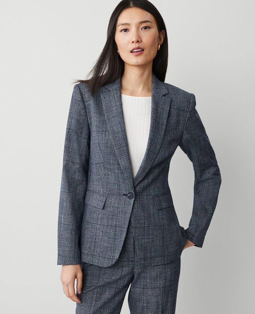 Ann Taylor The Notched One Button Blazer in Plaid in Navy - 10